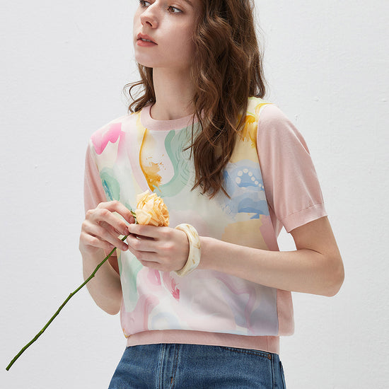 COMOBOCA Women's Floral Print Panel Knit T-Shirt