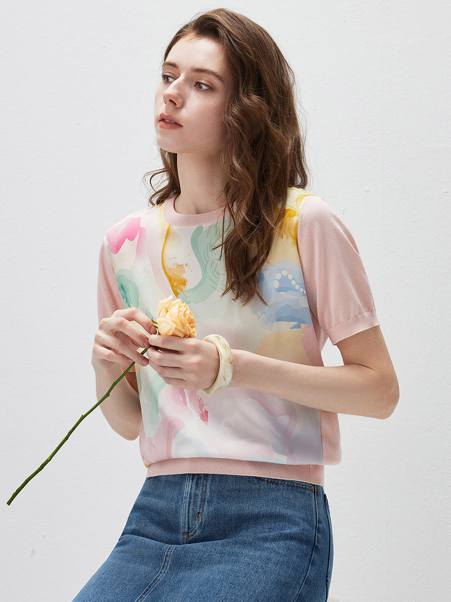 COMOBOCA Women's Floral Print Panel Knit T-Shirt