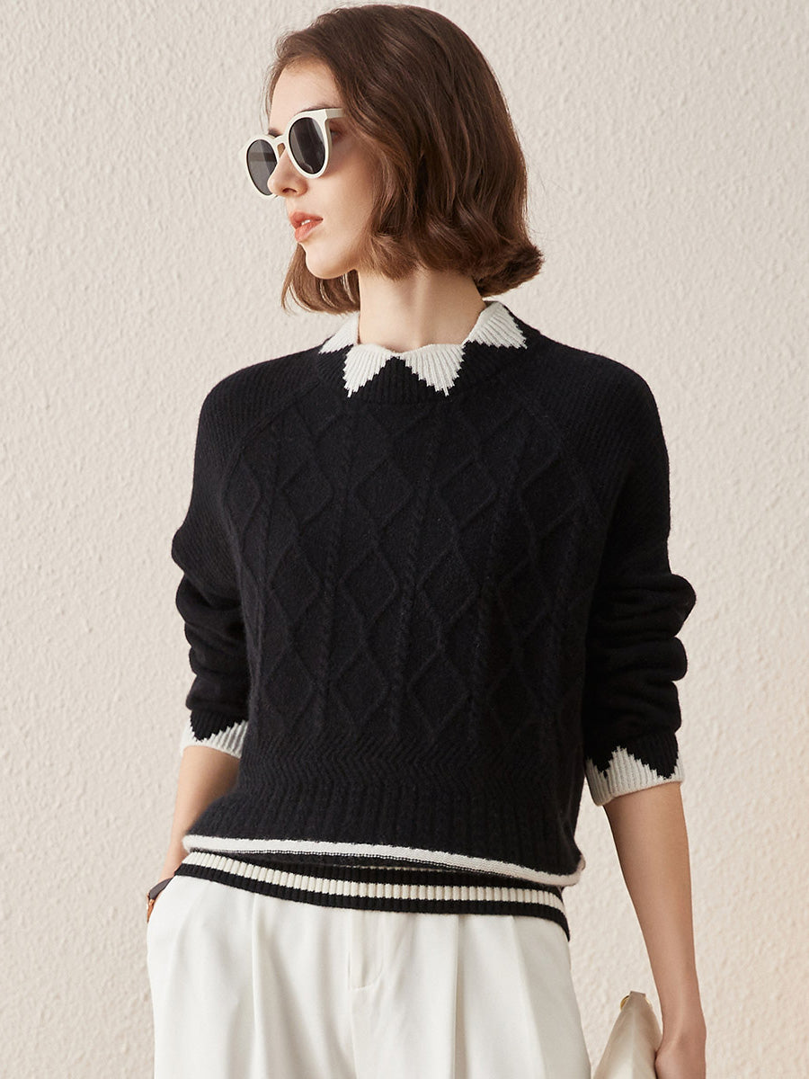 COMOBOCA Black 100% Cashmere Women's Contrast Jacquard Mock Neck Sweater