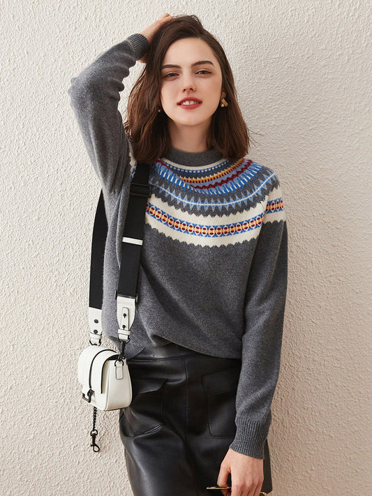 COMOBOCA Gray 100% Cashmere Women's Fair Isle Knit Sweater