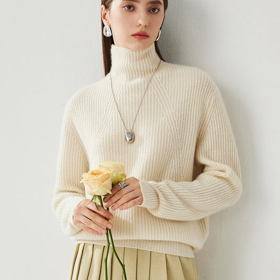 COMOBOCA 100% Cashmere Women's Turtleneck Ribbed Sweater