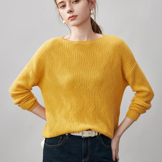 COMOBOCA Yellow 100% Cashmere Women's Geometric Wave Knit Sweater