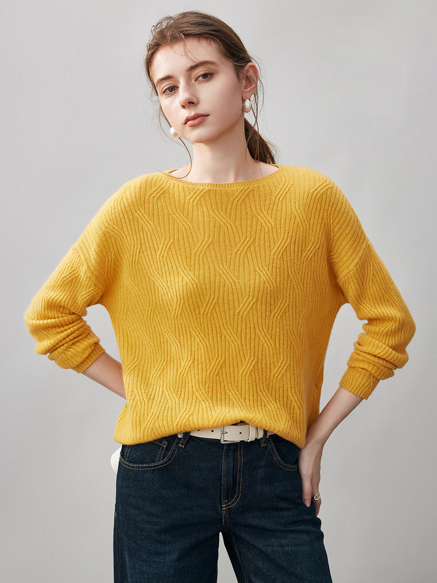 COMOBOCA Yellow 100% Cashmere Women's Geometric Wave Knit Sweater