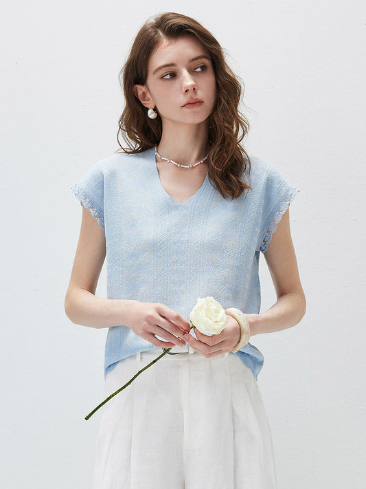 Women's V-Neck Silk-Cotton Jacquard Knit Short Sleeve T-Shirt