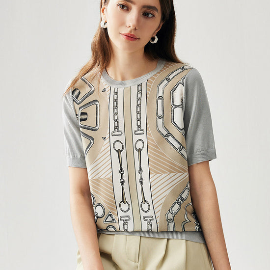 COMOBOCA Women's Graphic Chain Design Knit T-Shirt