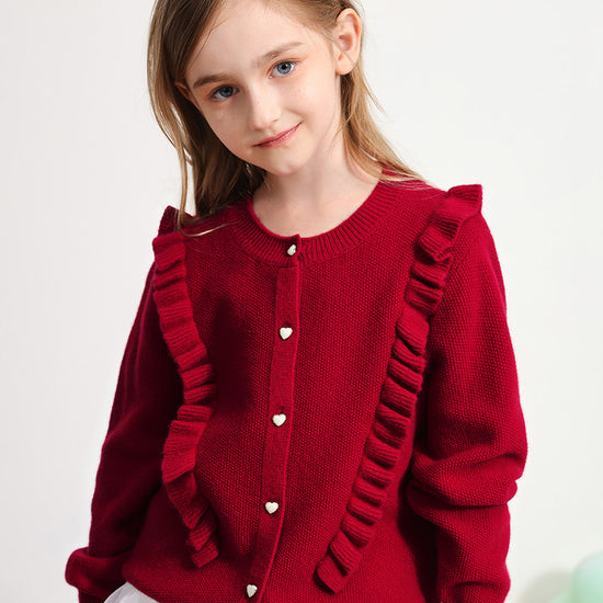 COMOBOCA RED 100% Wool Kids' Round Neck Heart Button Cardigan