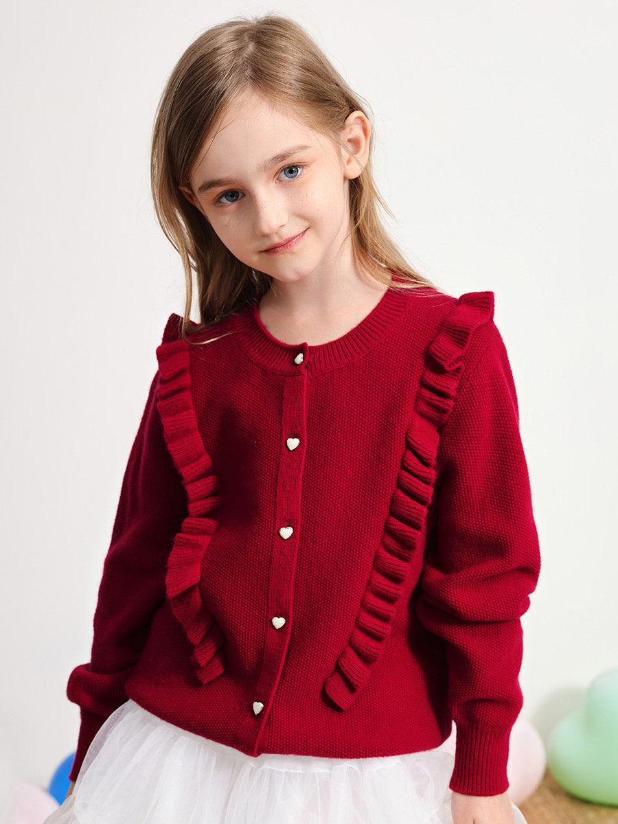 COMOBOCA RED 100% Wool Kids' Round Neck Heart Button Cardigan
