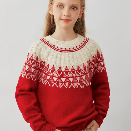 COMOBOCA Red 100% Wool Kids' Fair Isle Pattern Round Neck Sweater