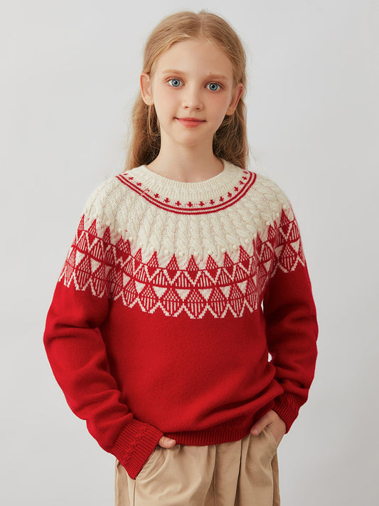 COMOBOCA Red 100% Wool Kids' Fair Isle Pattern Round Neck Sweater