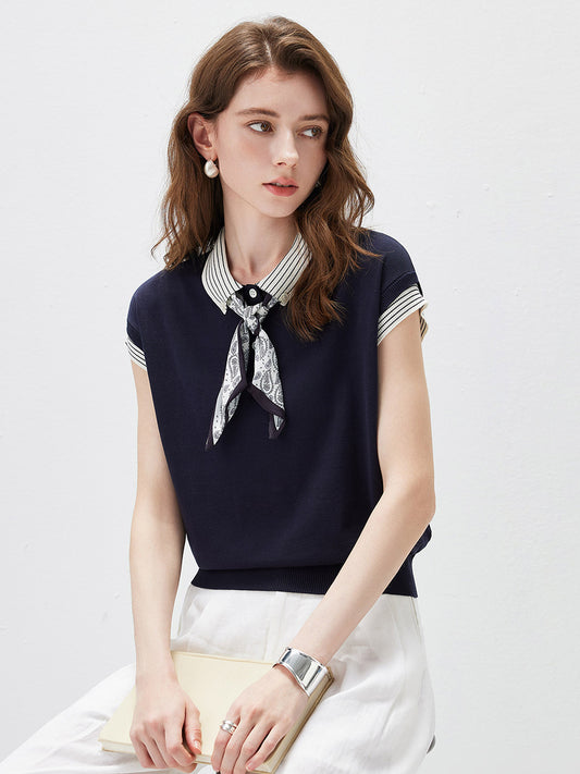Women’s Mulberry Silk Contrast Collar Striped Knit T-Shirt