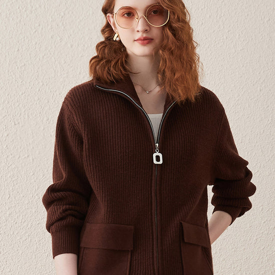 COMOBOCA Brown 100% Wool Women's Knit Zipper Cardigan with Pockets