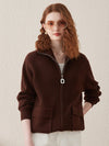COMOBOCA Brown 100% Wool Women's Knit Zipper Cardigan with Pockets