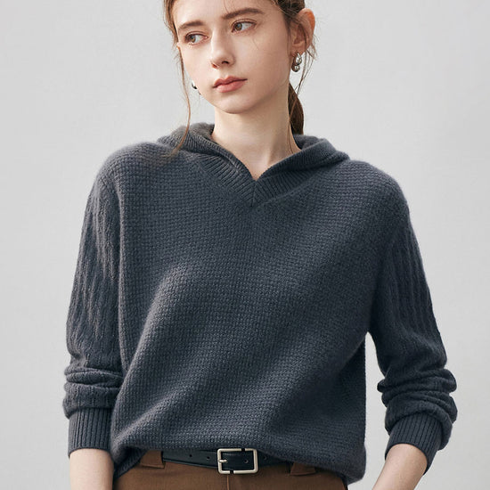 COMOBOCA 100% Cashmere Women's Ribbed Knit Hoodie