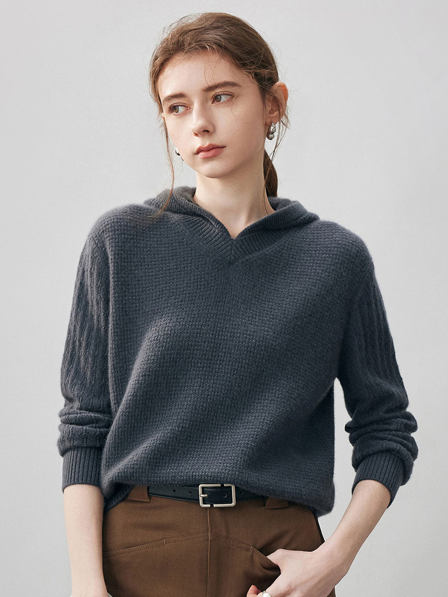 COMOBOCA 100% Cashmere Women's Ribbed Knit Hoodie