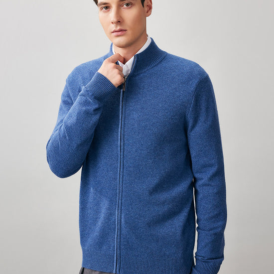 COMOBOCA 100% Cashmere Men's Full Zip Mock Neck Knit Cardigan