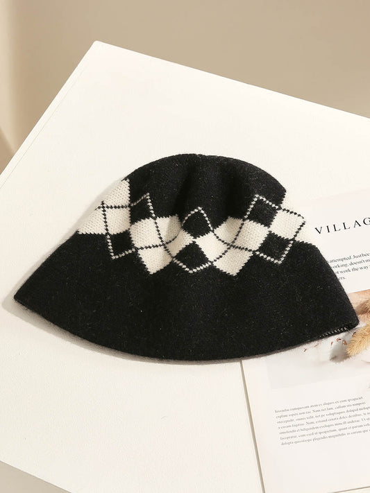 COMOBOCA 100% Cashmere Women's Argyle Pattern Knit Bucket Hat