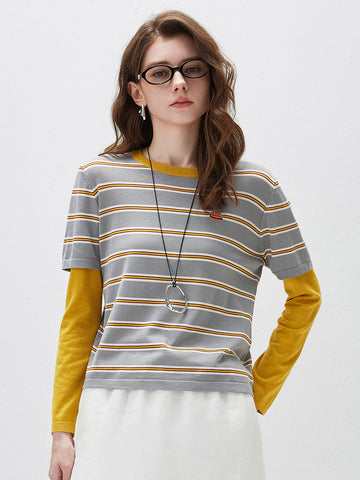 COMOBOCA Golden Blossom Women's Layered Striped Round Neck Knit Sweater