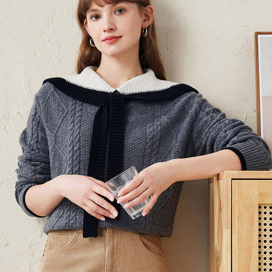 COMOBOCA Dark Gray 100% Wool Women's Cable Knit Sweater with Bow Collar