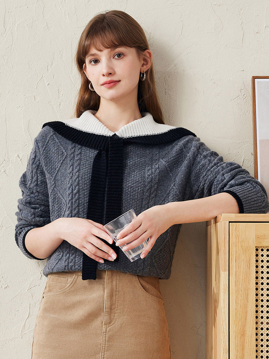 COMOBOCA Dark Gray 100% Wool Women's Cable Knit Sweater with Bow Collar