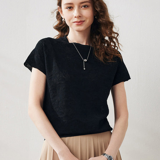 COMOBOCA XXL Black Women's Lace Patterned Knit T-Shirt
