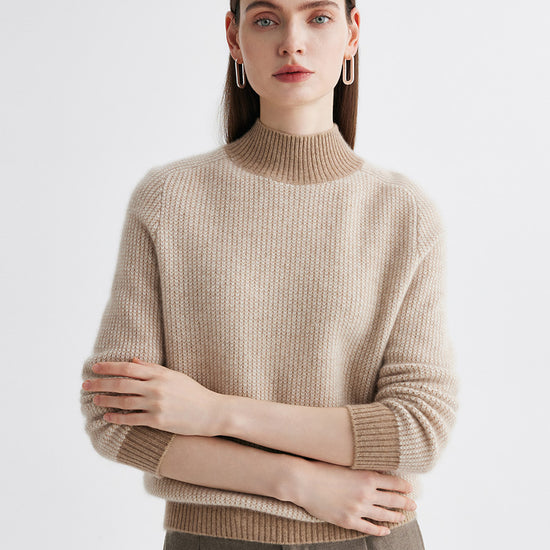 COMOBOCA Camel 100% Cashmere Women's Mock Neck Knit Sweater