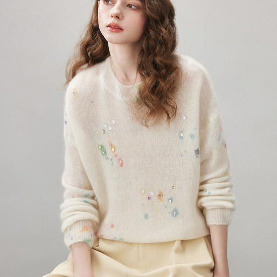 COMOBOCA Women's Sequined Floral Printed Round Neck Sweater