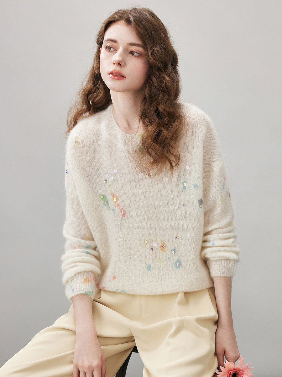 COMOBOCA Women's Sequined Floral Printed Round Neck Sweater