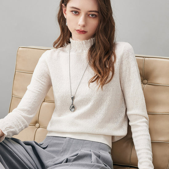 COMOBOCA 100% Wool Women's Ruffled Mock Neck Knit Sweater