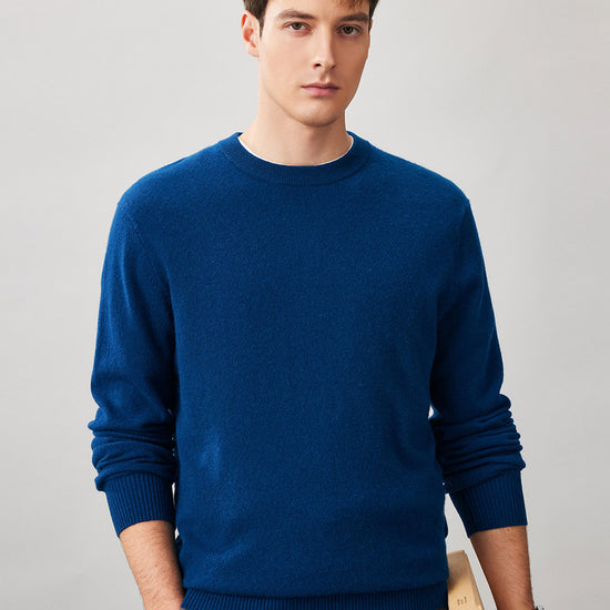 COMOBOCA DEEP BLUE 100% Cashmere Men's Ribbed Round Neck Knit Sweater