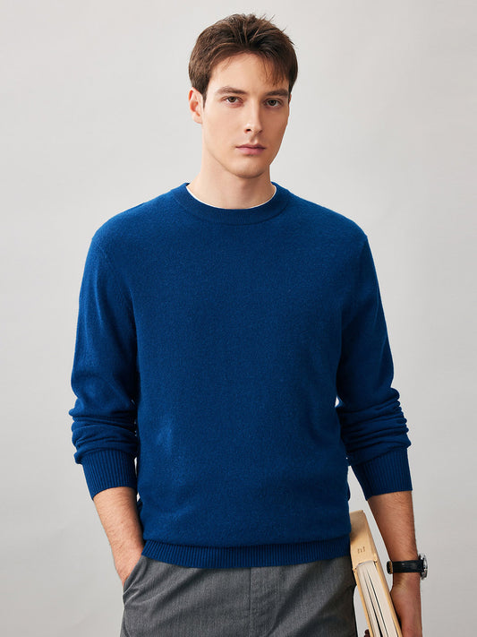COMOBOCA DEEP BLUE 100% Cashmere Men's Ribbed Round Neck Knit Sweater