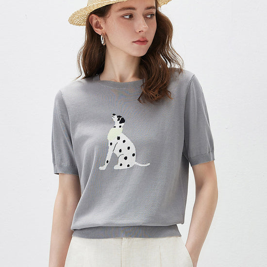 COMOBOCA Gray Women's Dalmatian Intarsia Knit T-Shirt