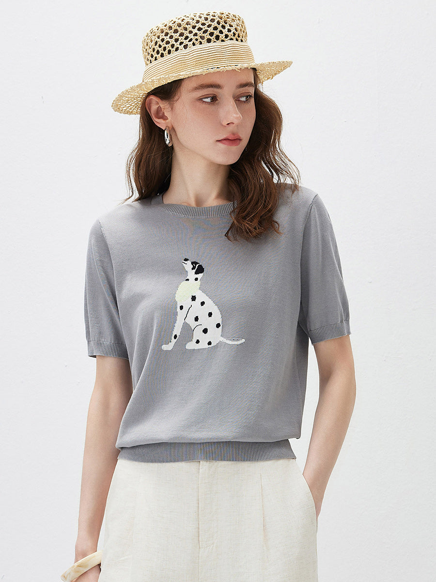 COMOBOCA Gray Women's Dalmatian Intarsia Knit T-Shirt