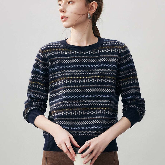 COMOBOCA 100% Cashmere Women's Fair Isle Round Neck Sweater