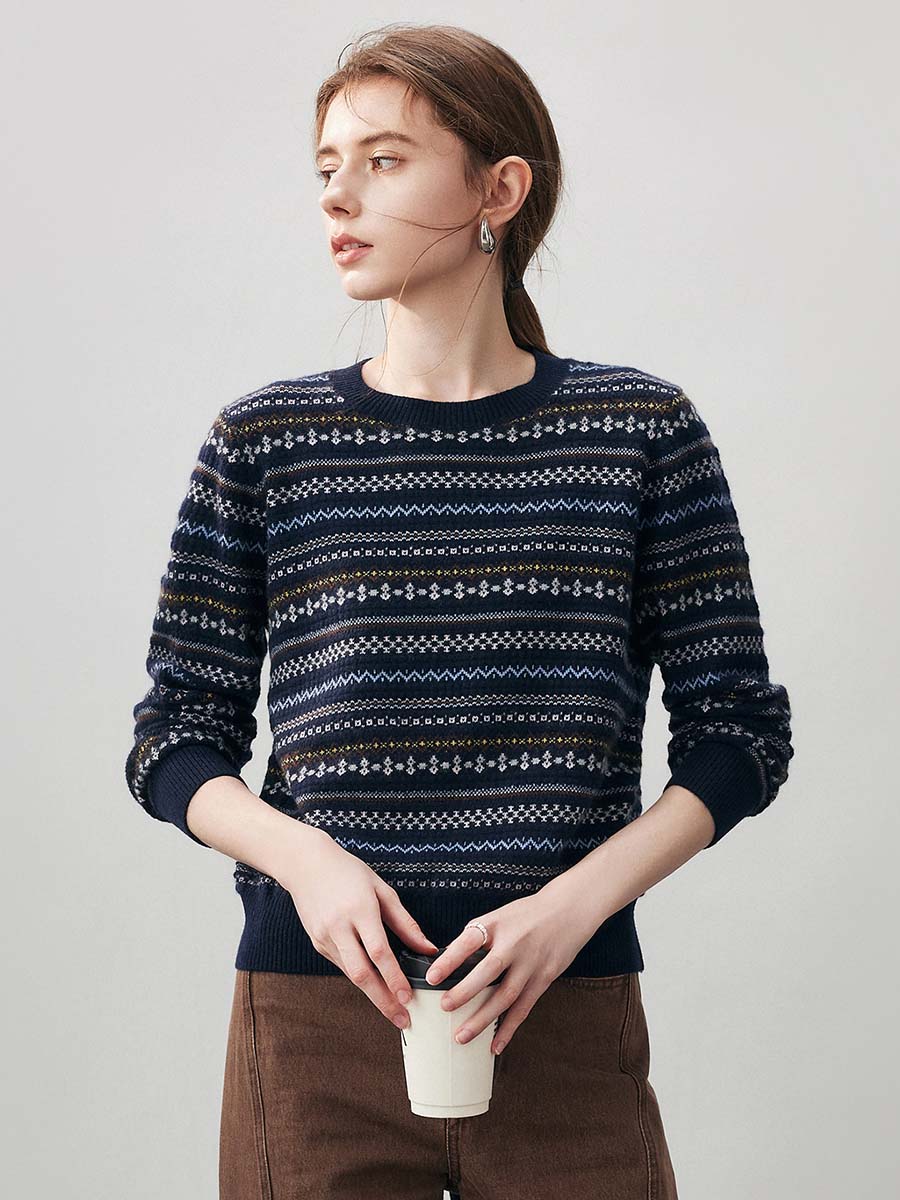 COMOBOCA 100% Cashmere Women's Fair Isle Round Neck Sweater