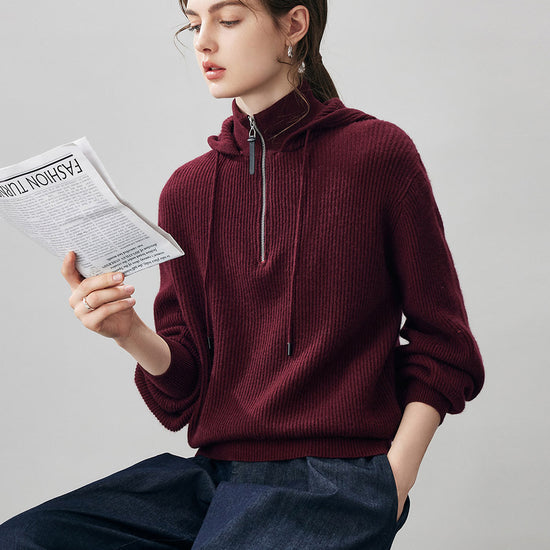 COMOBOCA 100% Cashmere Women's Ribbed Knit Hoodie