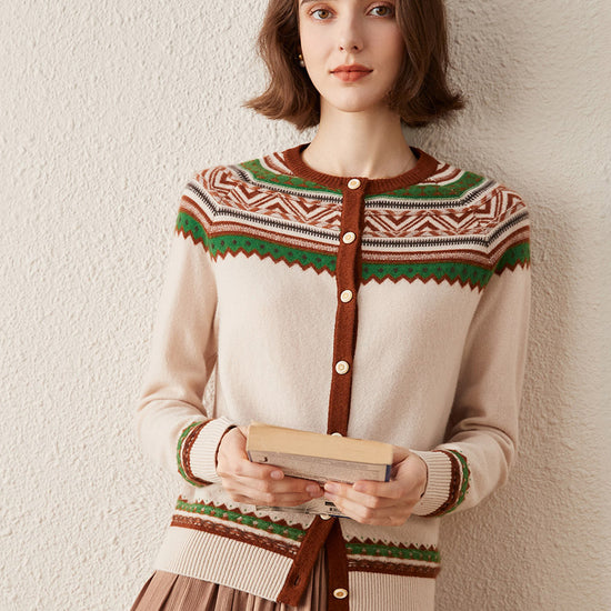 COMOBOCA 100% Cashmere Women's Vintage Inspired Geometric Knit Cardigan