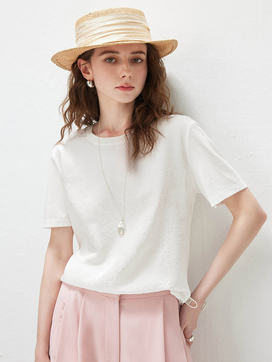 Women's Crew Neck Tonal Jacquard Short Sleeve T-Shirt