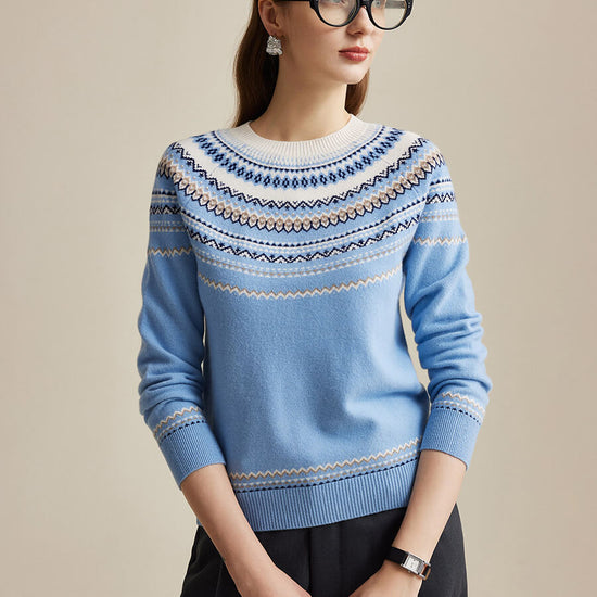 COMOBOCA Light Blue 100% Wool Women's Fair Isle Sweater
