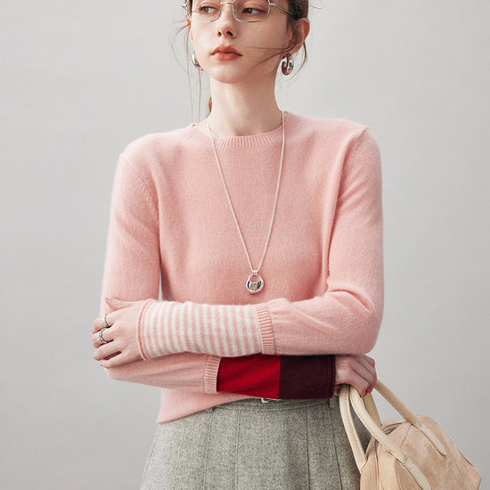 COMOBOCA Pink 100% Cashmere Women's Color-Blocked Sleeve Knit Sweater