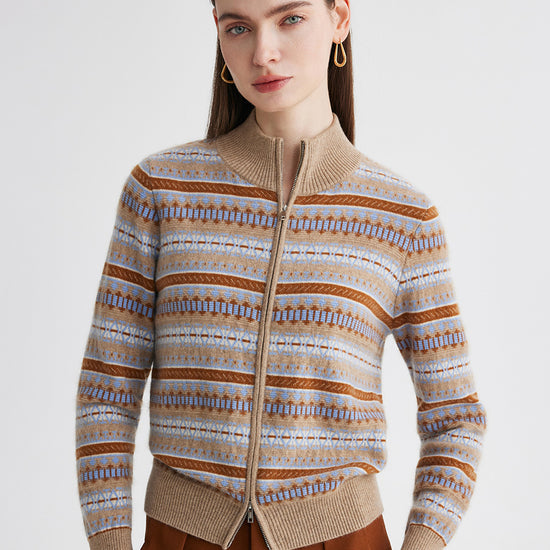 COMOBOCA Camel 100% Cashmere Women's Fair Isle Double Zip Cardigan