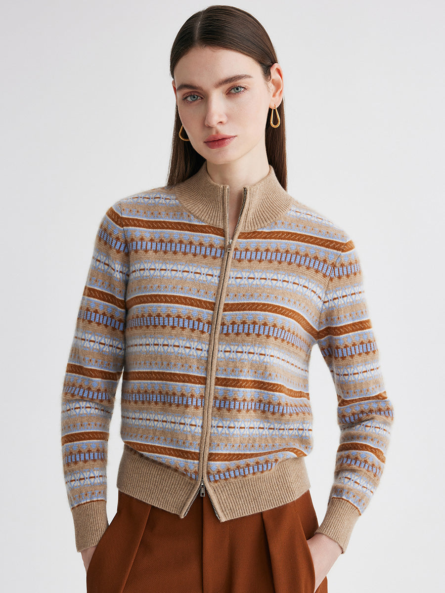 COMOBOCA Camel 100% Cashmere Women's Fair Isle Double Zip Cardigan