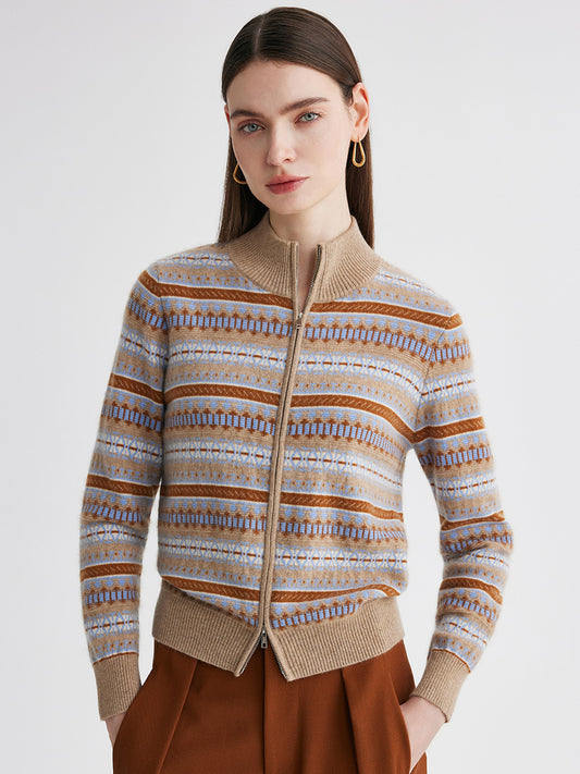 COMOBOCA Camel 100% Cashmere Women's Fair Isle Double Zip Cardigan