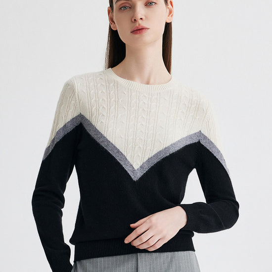 COMOBOCA Black 100% Cashmere Women's Color Block Cable Knit Sweater