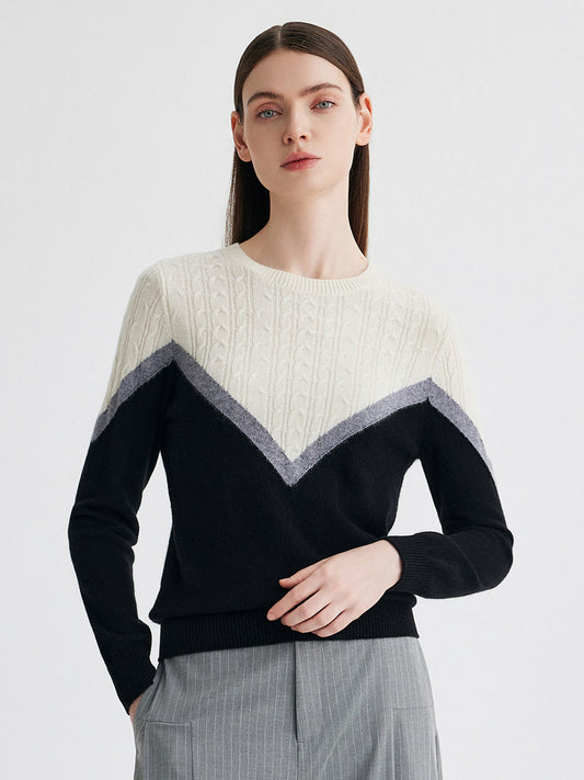 COMOBOCA Black 100% Cashmere Women's Color Block Cable Knit Sweater