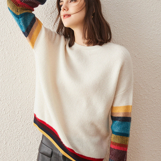 COMOBOCA 100% Cashmere Women's Striped Round Neck Sweater
