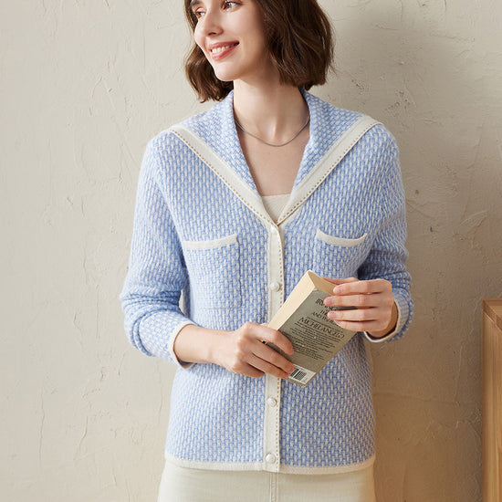 COMOBOCA 100% Cashmere Women's Sailor Collar Knit Cardigan