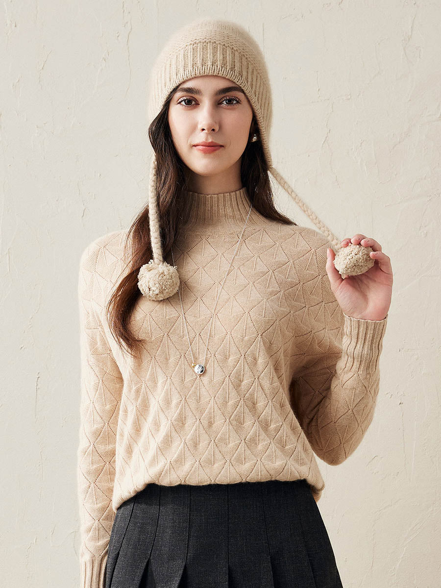 COMOBOCA 100% Cashmere Women's Ear Flap Beanie with Pom-Poms