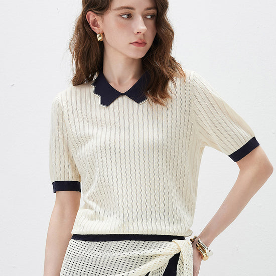 COMOBOCA Cream Women's Scalloped Contrast Collar Openwork Knit Sweater