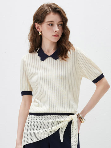 COMOBOCA Cream Women's Scalloped Contrast Collar Openwork Knit Sweater