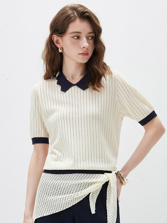 COMOBOCA Cream Women's Scalloped Contrast Collar Openwork Knit Sweater